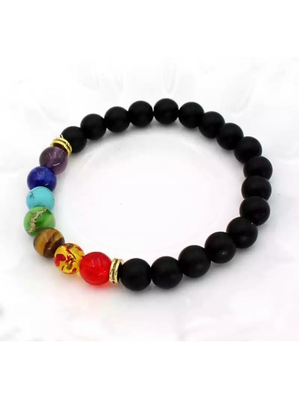 Handmade Black Lava Bead Chakra Bracelet with Multicolor Accent Stones - Picture 2 of 3